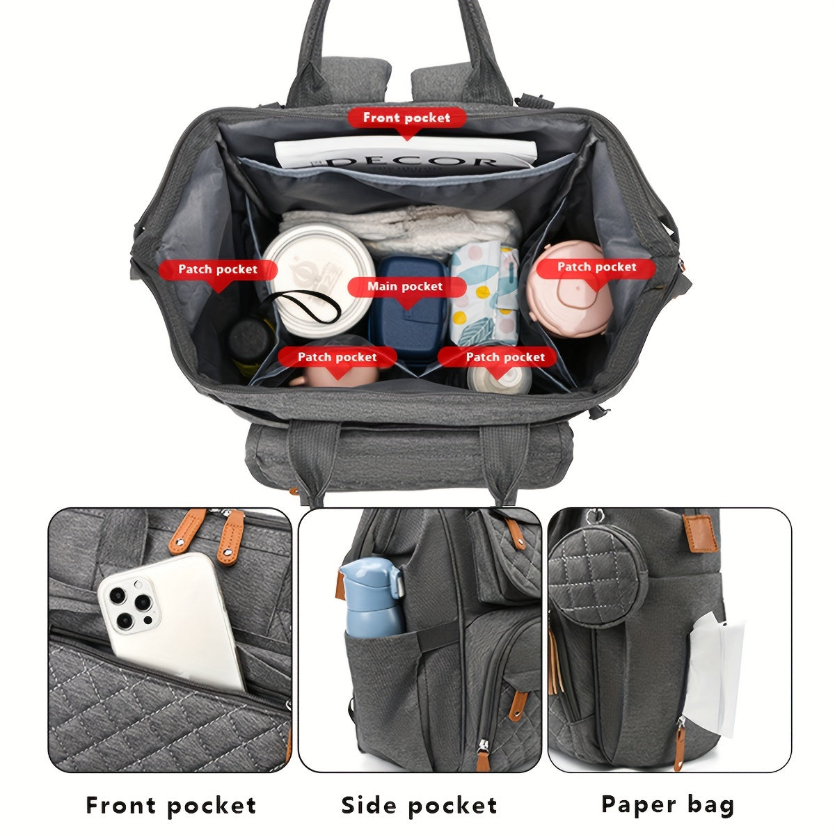 Portable mom storage backpack with large capacity and multiple compartments for diapers and milk bottles.