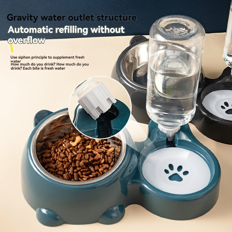 Elevated 2-in-1 Pet Feeder with Automatic Water Dispenser for Cats & Dogs - Non-Slip, Tilted Stainless Steel Bowls