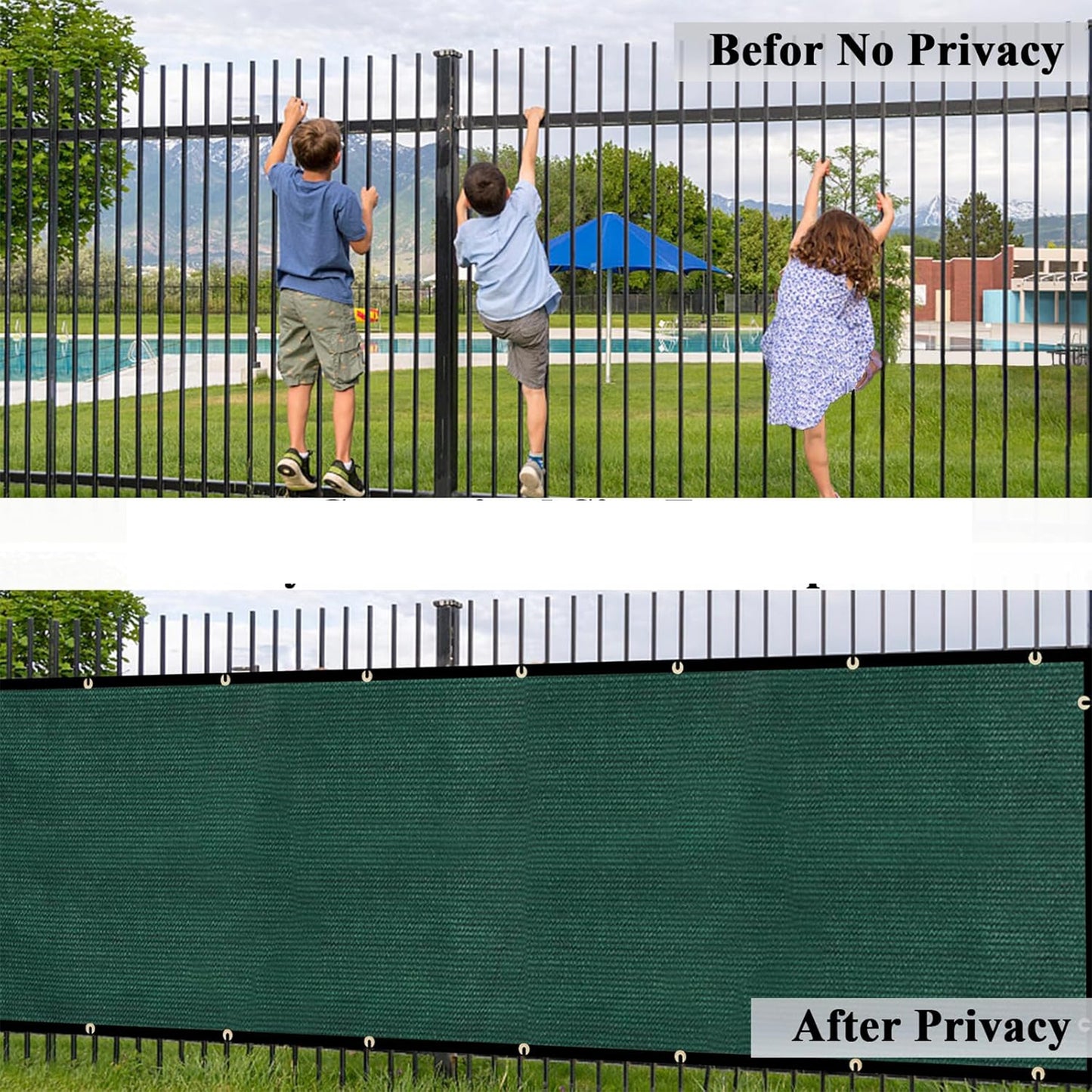 Durable polypropylene privacy screen with grommets for UV protection in indoor/outdoor use.