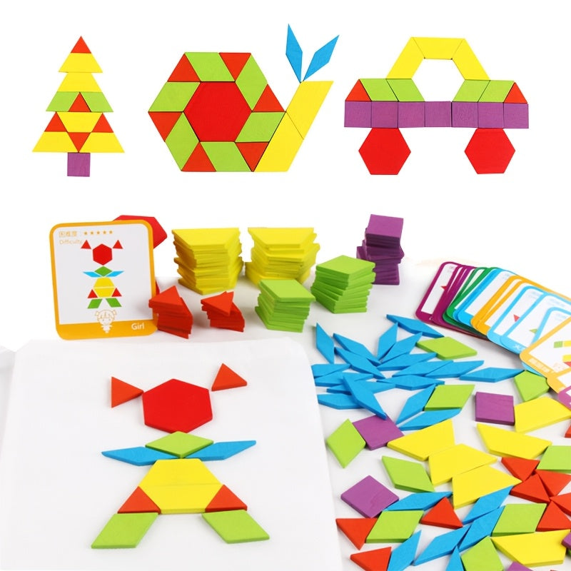 A set of 155 wooden geometric pattern blocks for puzzles, ideal for enhancing logical thinking skills. Suitable for children aged 4-8 with 24 design cards included, making it a great