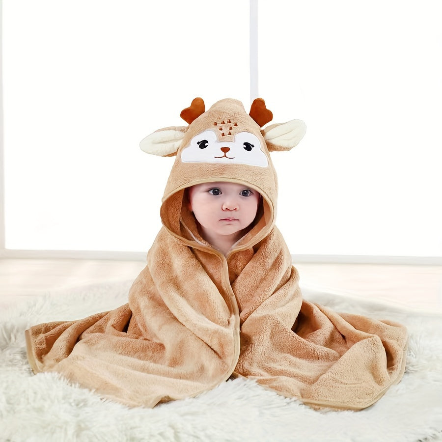 Soft coral fleece hooded towel for kids with cute cartoon design - Absorbent and skin-friendly, suitable for swimming and bathing.