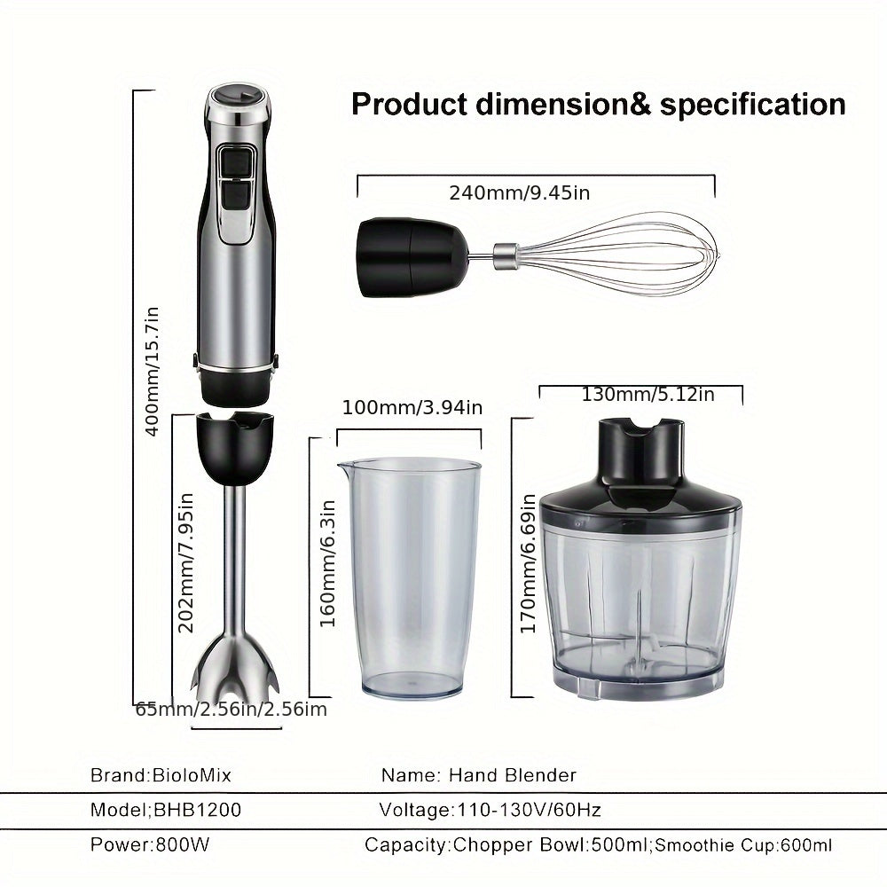 BioloMix 4-in-1 1200W Hand Stick Blender Mixer with Chopper and Smoothie Cup, Stainless Steel Ice Blades, European Standard Plug, 16000 RPM, No Battery Needed.