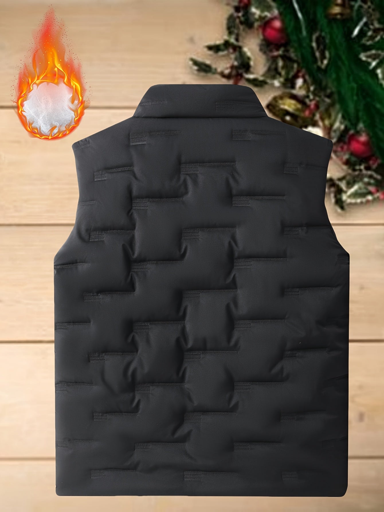 Men's Sleeveless Vest in casual black polyester with stand collar and geometric pattern. Features zip-up closure with pockets, lightweight and warm for autumn/winter, ideal for layering.