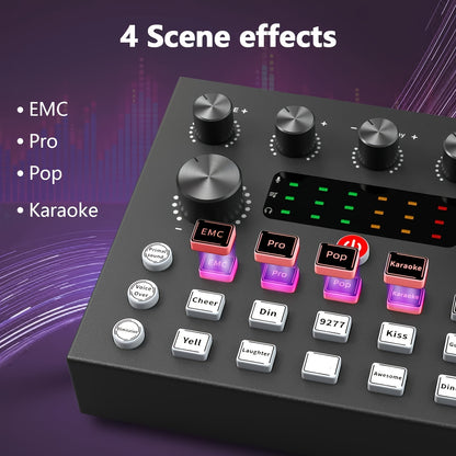 Podcast studio kit with audio interface, mixer, and microphone for high-quality recording. Compatible with PC, laptop, and smartphones. Ideal for podcasting, music production, and live