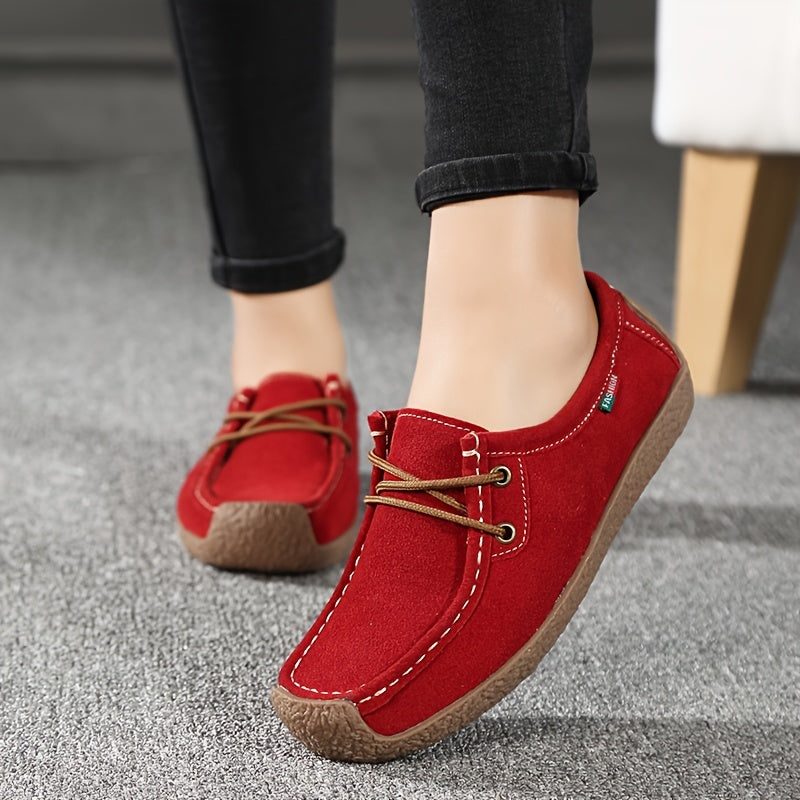 Red slip-on loafers for women with lightweight faux leather upper and PU sole, T-strap lacing, perfect for all seasons.