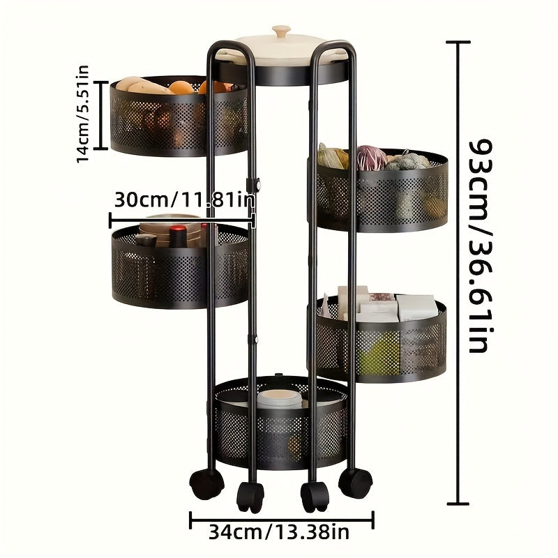 5-tier rotating vegetable storage rack with metal shelves and casters.