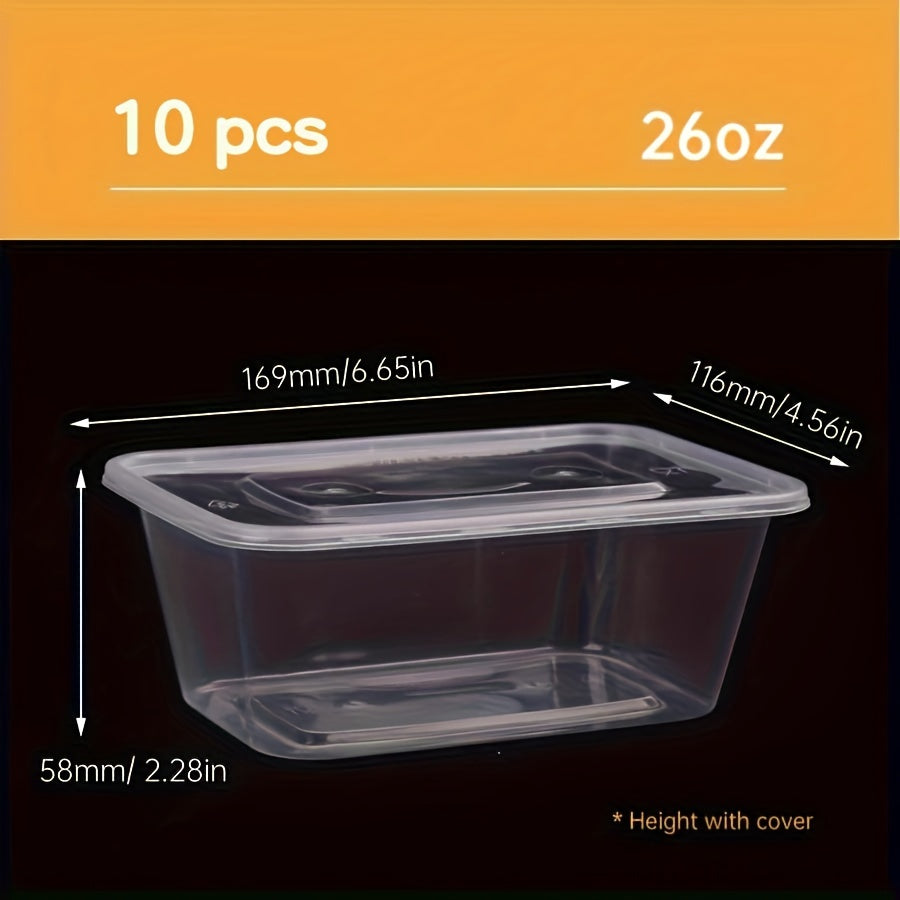 10 to 30 pieces of transparent plastic containers with lids in sizes 17, 22, and 26 ounces. These rectangular food storage containers are BPA free, stackable, leak-proof lunch boxes that are also microwave safe. Perfect for kitchen gadgets and