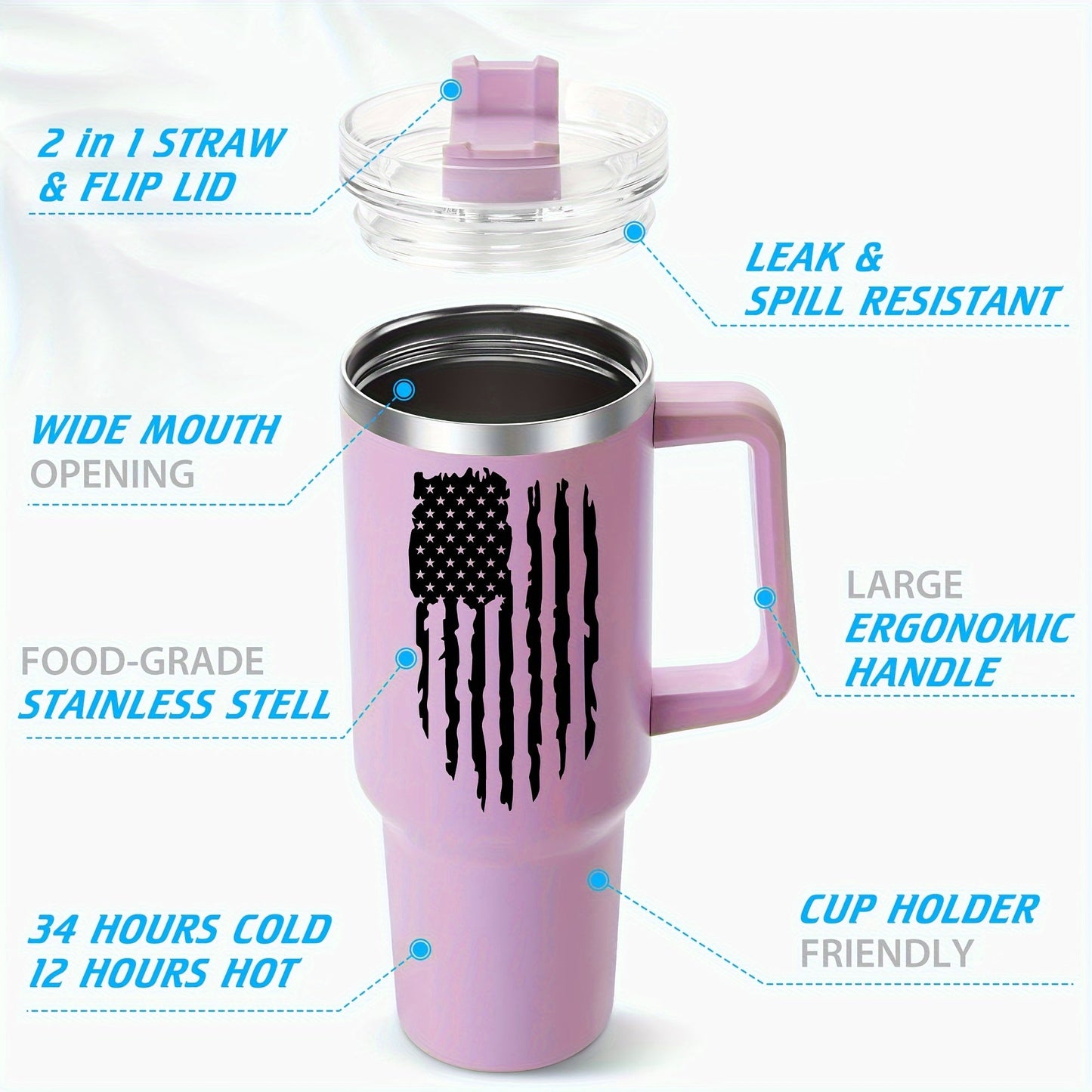 Introducing our custom 40oz stainless steel tumbler with a convenient handle and lid. This personalized tumbler features an American flag print and is double wall vacuum insulated for keeping your drinks at the perfect temperature while you're on the go.