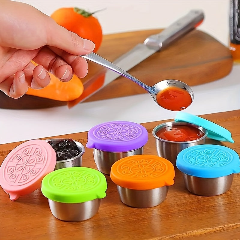 Stainless steel condiment cup with leakproof silicone lid - ideal for kitchen and dining, reusable and rust-resistant.