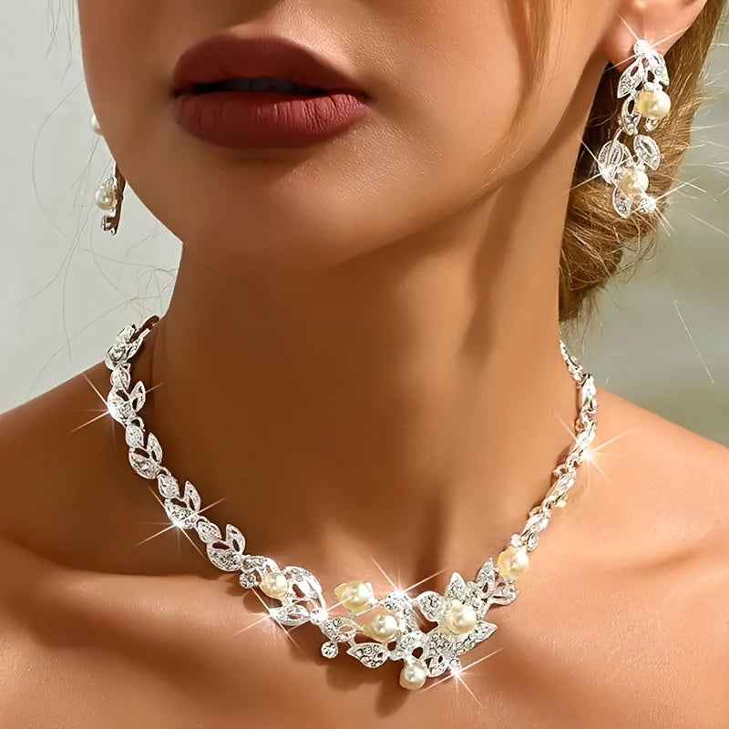 Beautiful 2-piece Bridal Jewelry Set, Silver-Plated Zinc Alloy With Gold Accents, Water Drill Detailing And Cream-colored Faux Pearl Accents - Featuring a Delicate Leaf Vine Floral Design Necklace And Earring Set, Ideal for Weddings and Valentine's Day