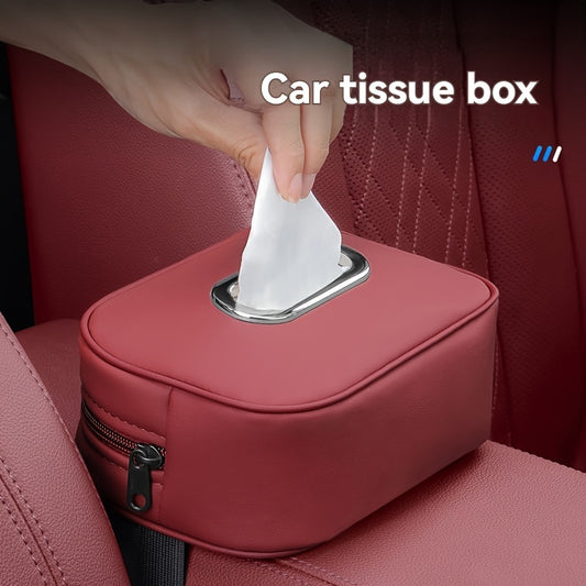 1pc PU Leather Car Tissue Box Holder - Multi-functional storage organizer for vehicle interior.