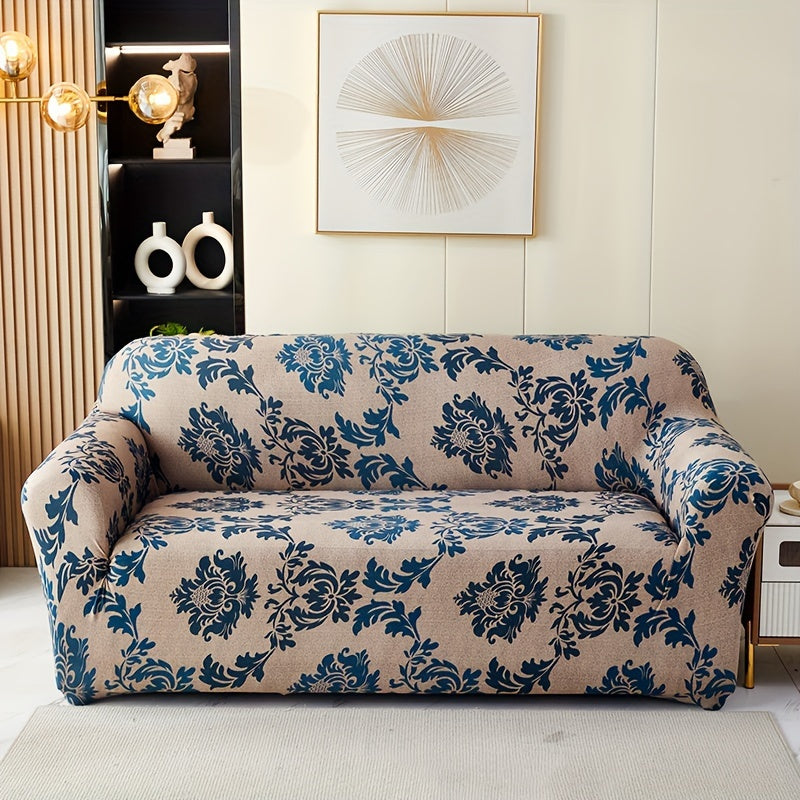 Modern printed sofa slipcover with elastic closure, made of 95% polyester and 5% spandex. Machine washable with active printing and stitched craftsmanship. Fits armchairs to sectional sofas, weighing 100-120gsm fabric.