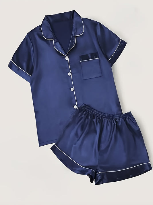 Short-sleeve satin pajama set with shorts, women's loungewear.