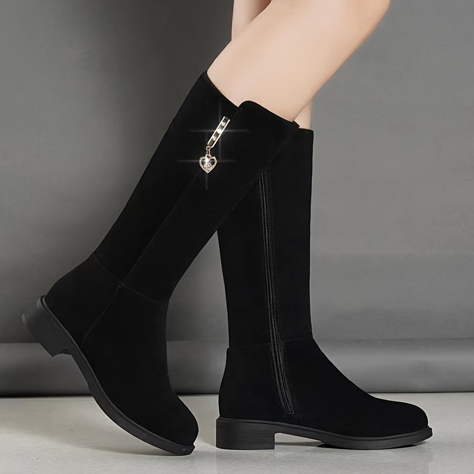 Winter knee-high boots for women with faux fur lining, low heel, rubber outsole, and soft fabric insole, ideal for casual and stylish outings.