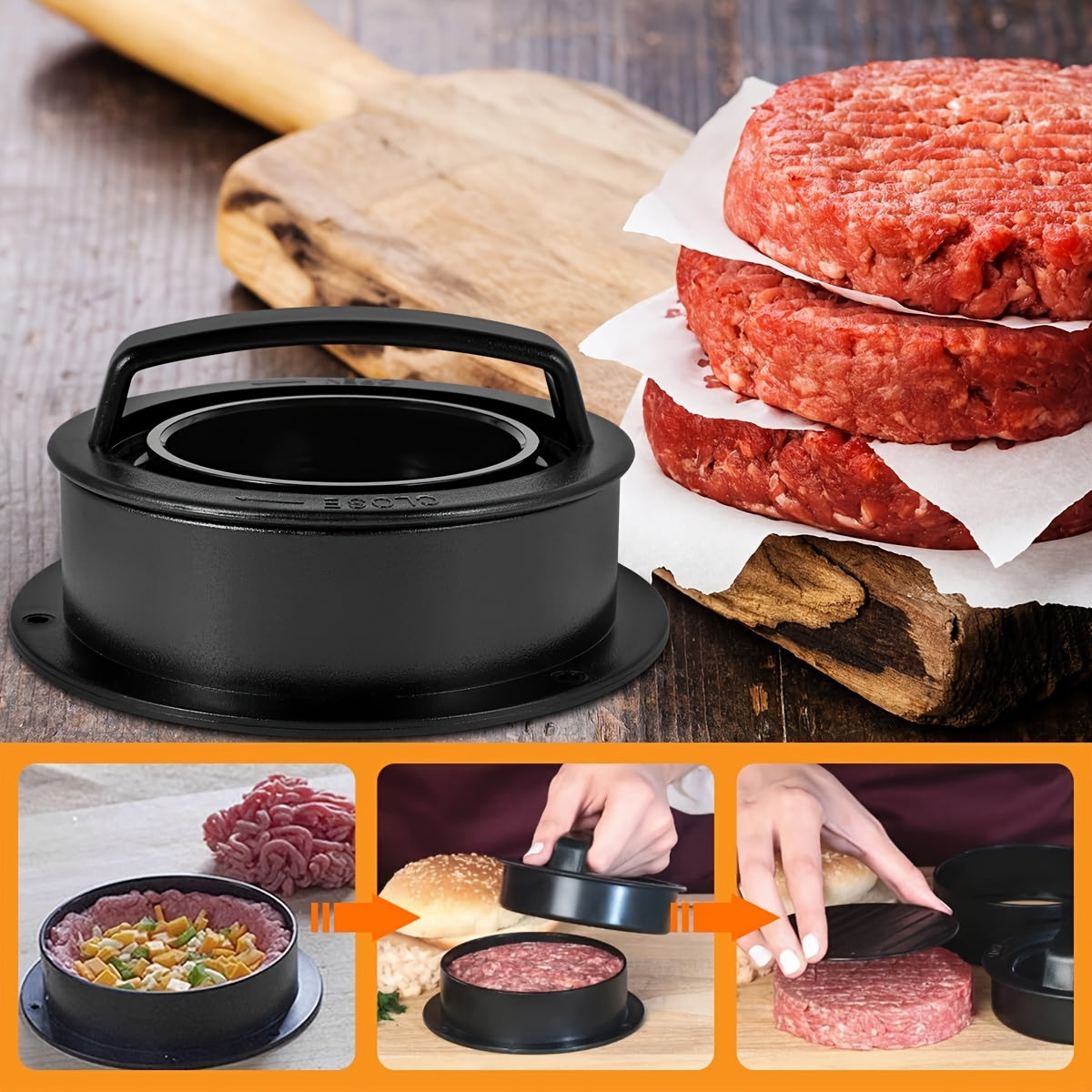 Top Seller: Black Burger Press with Non-Stick Coating and 100 Patty Papers - Perfect for Uniform Burgers, Grilling Inside or Out - Sturdy Plastic Maker for Beef and Veggie Sliders