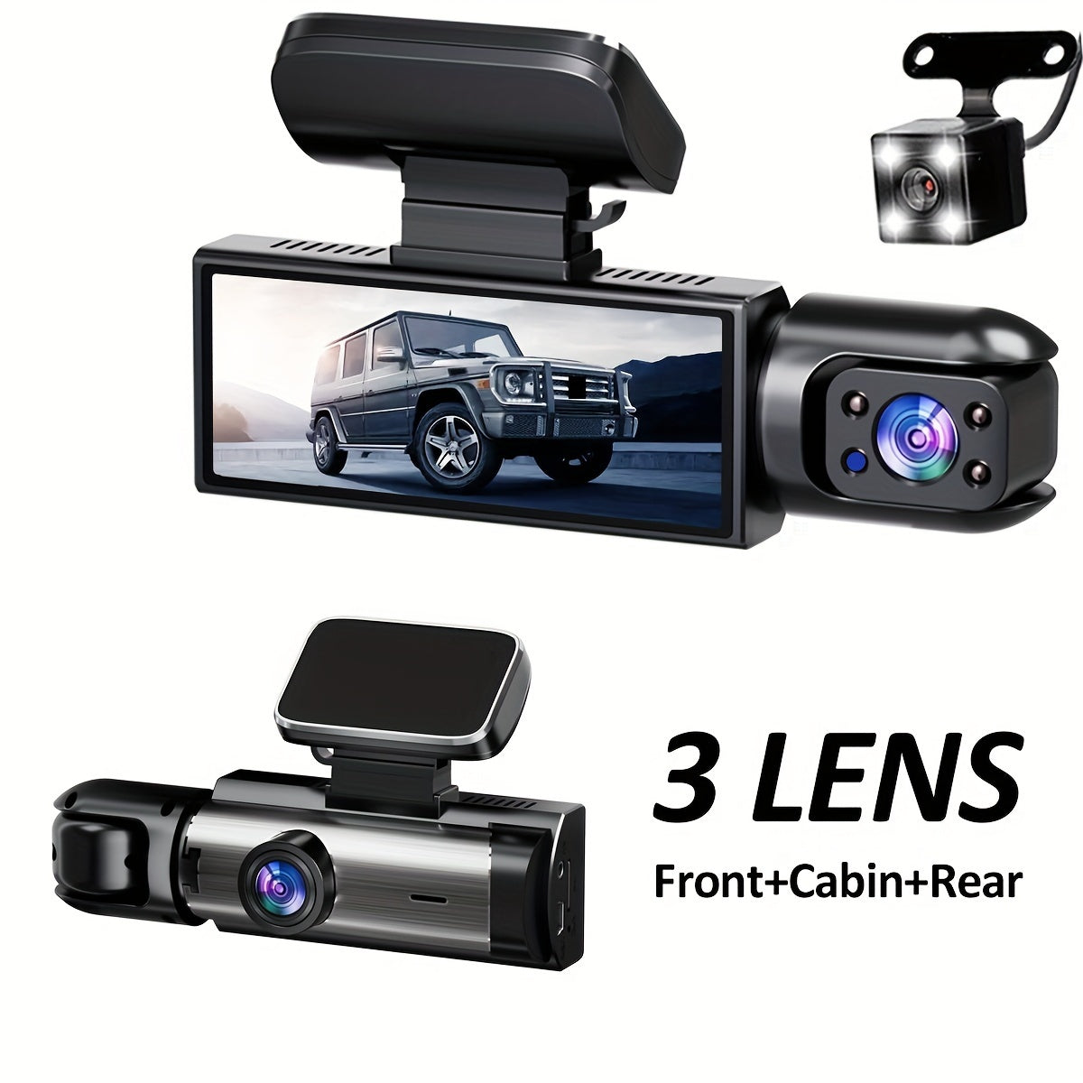 3-channel dashcam with front 1080P, inside 720P, and rear 720P recording capabilities, featuring a rear view DVR, 24-hour parking monitor, and car accessories.