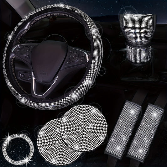 Women's bling car accessories: steering wheel cover, coasters, seat belt shoulder pads, ring sticker, and gear shift cover.