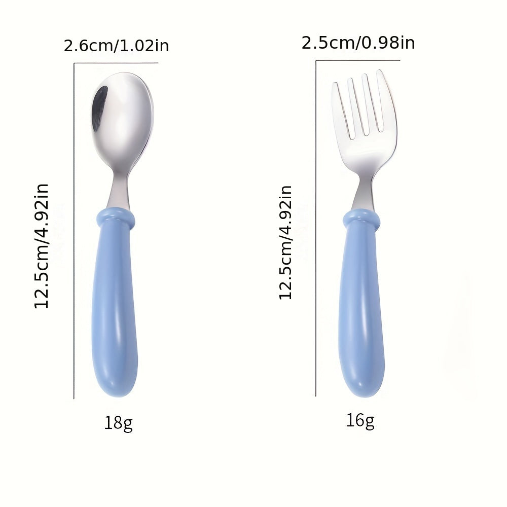 6-piece flatware set made of stainless steel spoons and forks with safe rounded edges and BPA-free handles, designed for easy cleaning and featuring an ergonomic design suitable for young hands.