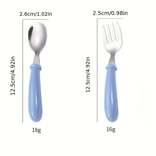 6-piece flatware set made of stainless steel spoons and forks with safe rounded edges and BPA-free handles, designed for easy cleaning and featuring an ergonomic design suitable for young hands.