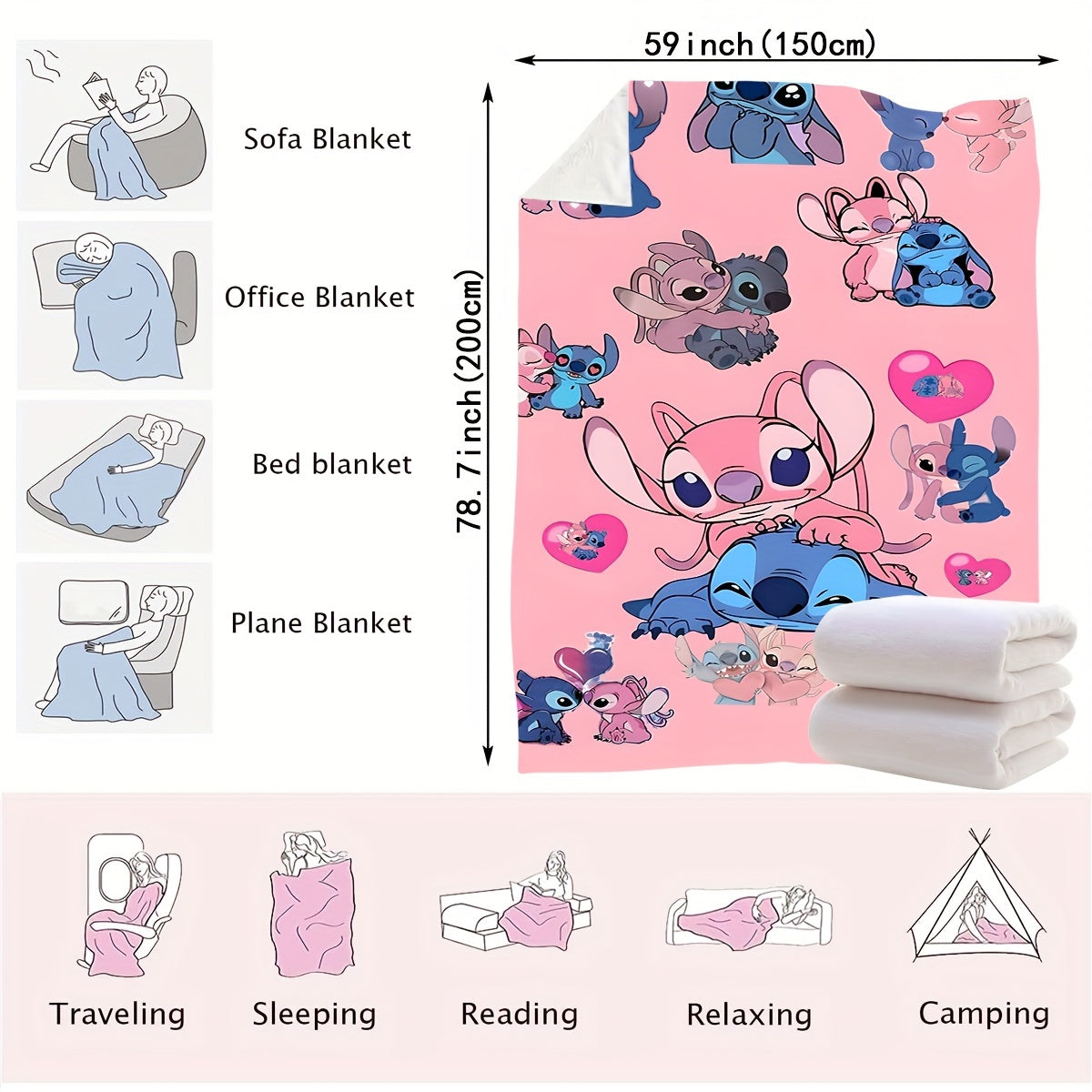 Pink Heart Stitch Cartoon Blanket - Multi-functional Knit Polyester Throw suitable for Every Season, Ideal for Bedroom, Couch, Car, and Journey