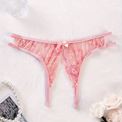 Stylish floral lace panties featuring bow detail, semi-sheer, comfortable fit for plus size women. Cute and fashionable.