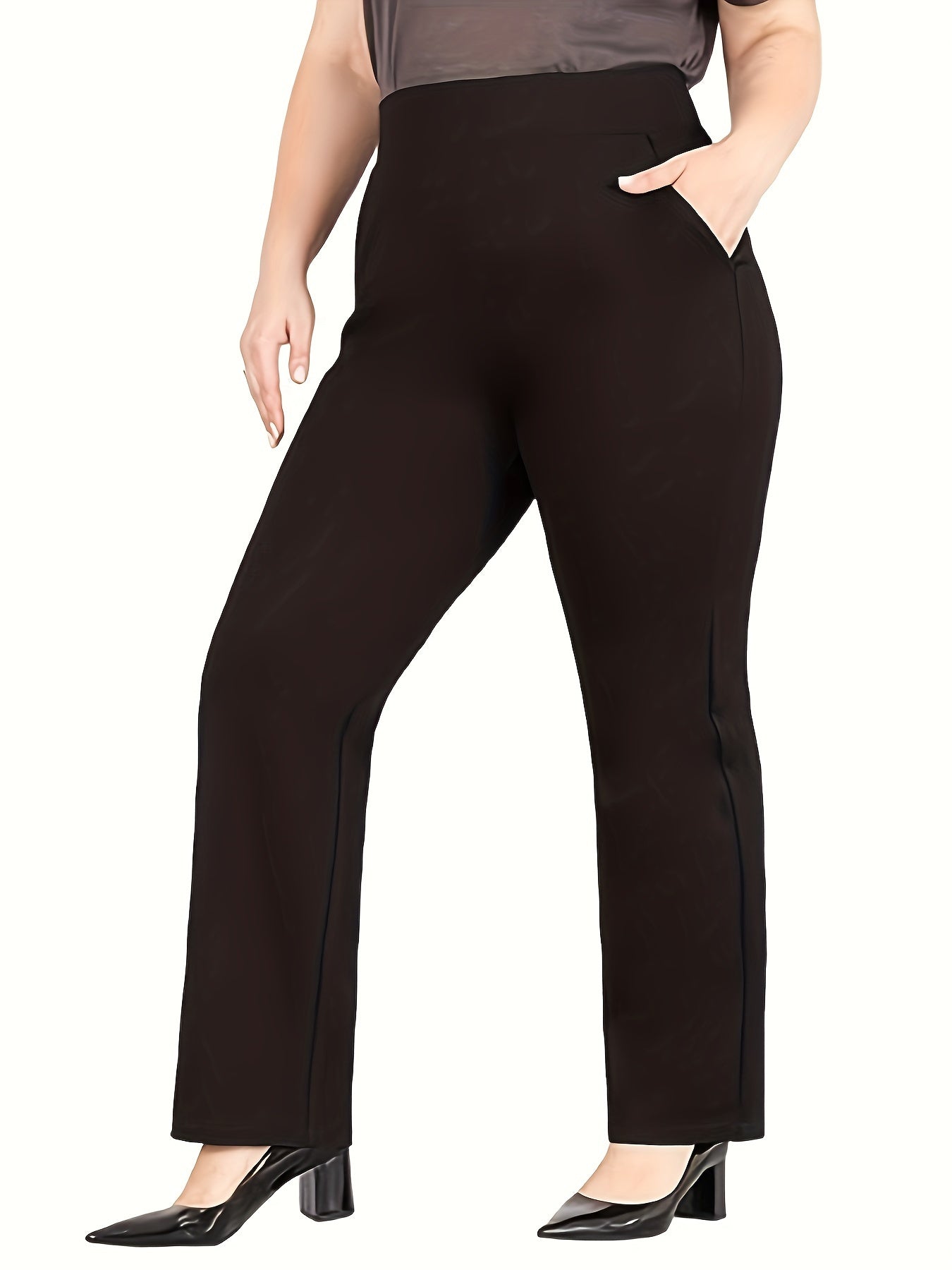 Solid straight leg pants with high waist for spring & summer in plus size