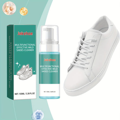 The Jakehoe Multi-Functional Shoe Foam Cleaner is a 100ml/3.38fl.oz. product that offers quick stain removal without the need for water wash. It brightens and whitens shoes, making it suitable for daily footwear care. The non-residue formula contains