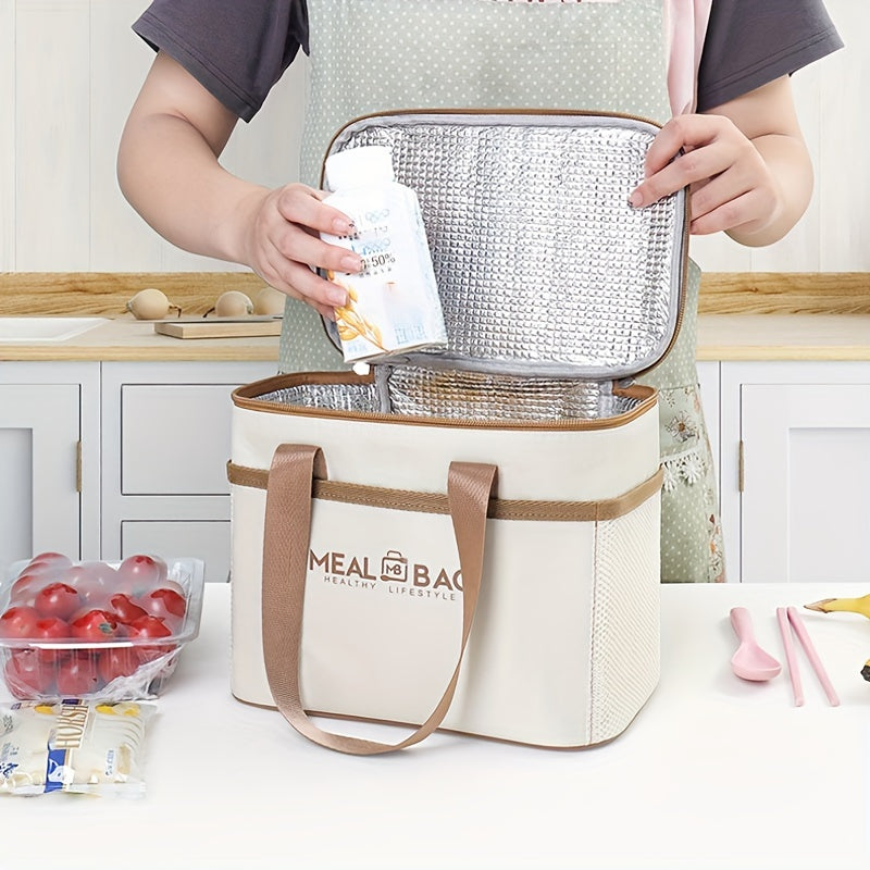 Set of insulated lunch bags with handle, made of hand washable light beige polyester material, featuring a thick aluminum foil lining for insulation. These waterproof thermal food container totes come in three different sizes, perfect for work or school.