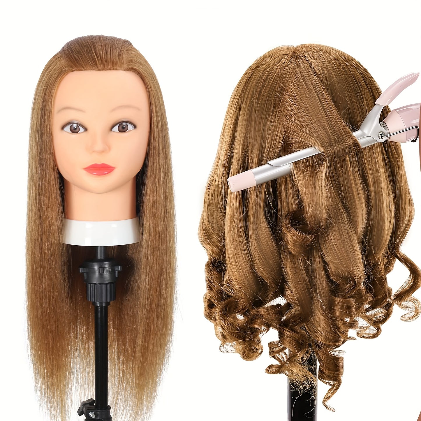 Mannequin head with real human hair for hairstylist training, includes free clamp holder