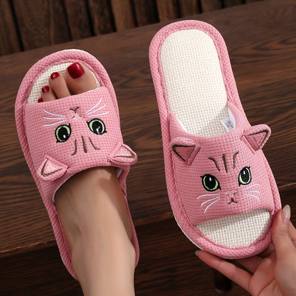 Cartoon home slippers with soft linen sole, lightweight and breathable.