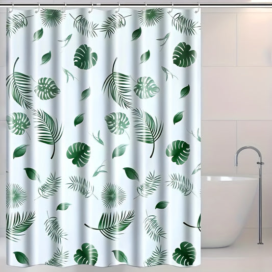 Tropical leaf bath liner made of water-resistant polyethylene, featuring a leaf pattern. Includes easy-hang white plastic hooks for all-season bathroom decor.