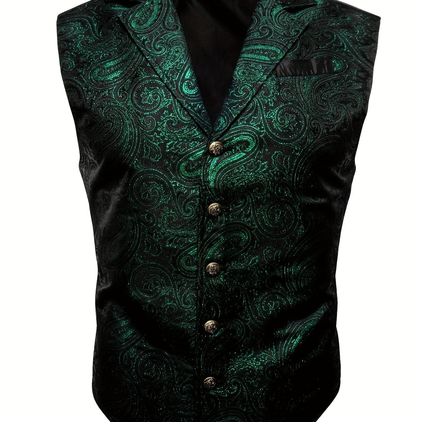 Large green satin jacaquard floral suit vest with tailored collar and copper buttons, suitable for Victorian steampunk and gothic themed events.