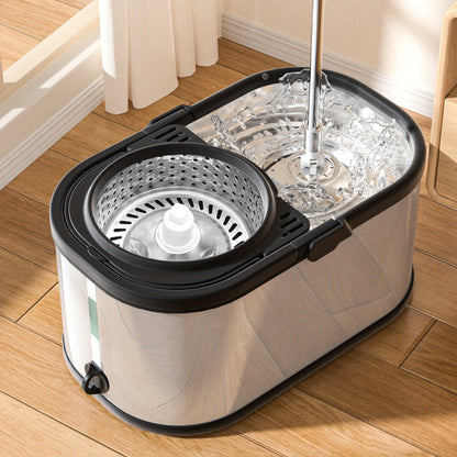 The Stainless Steel Spin Mop and Bucket Set includes 2/4/6 reusable pads for hands-free washing. This dual-use set is perfect for wet and dry floors, making it ideal for home, kitchen, and bathroom cleaning. The stainless steel design ensures durability