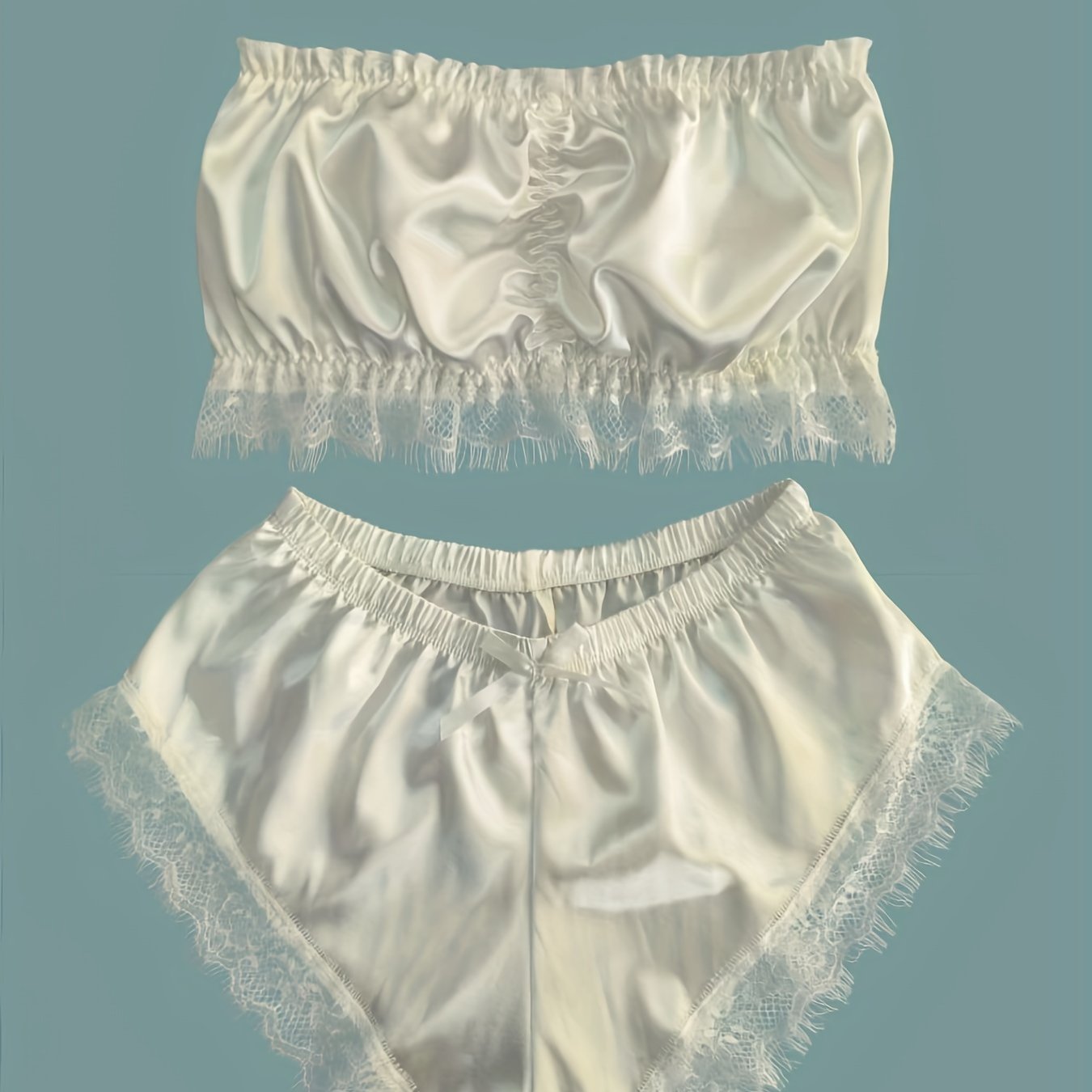 Women's sleepwear with lace trim pajama set and satin tube tops with shorts.