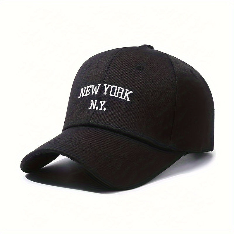 New York embroidered baseball cap with adjustable snapback for sun protection in black with white NYC lettering. Suitable for outdoor sports, unisex, and made of polyester blend.