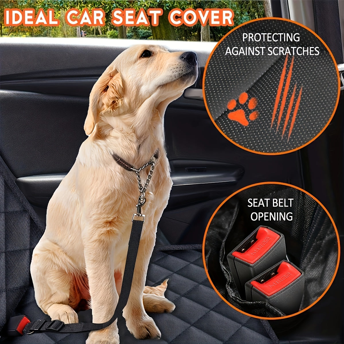 Polyester dog car seat cover with waterproof, non-slip, scratch-proof features and seat belt openings, suitable for cars, trucks, and SUVs.