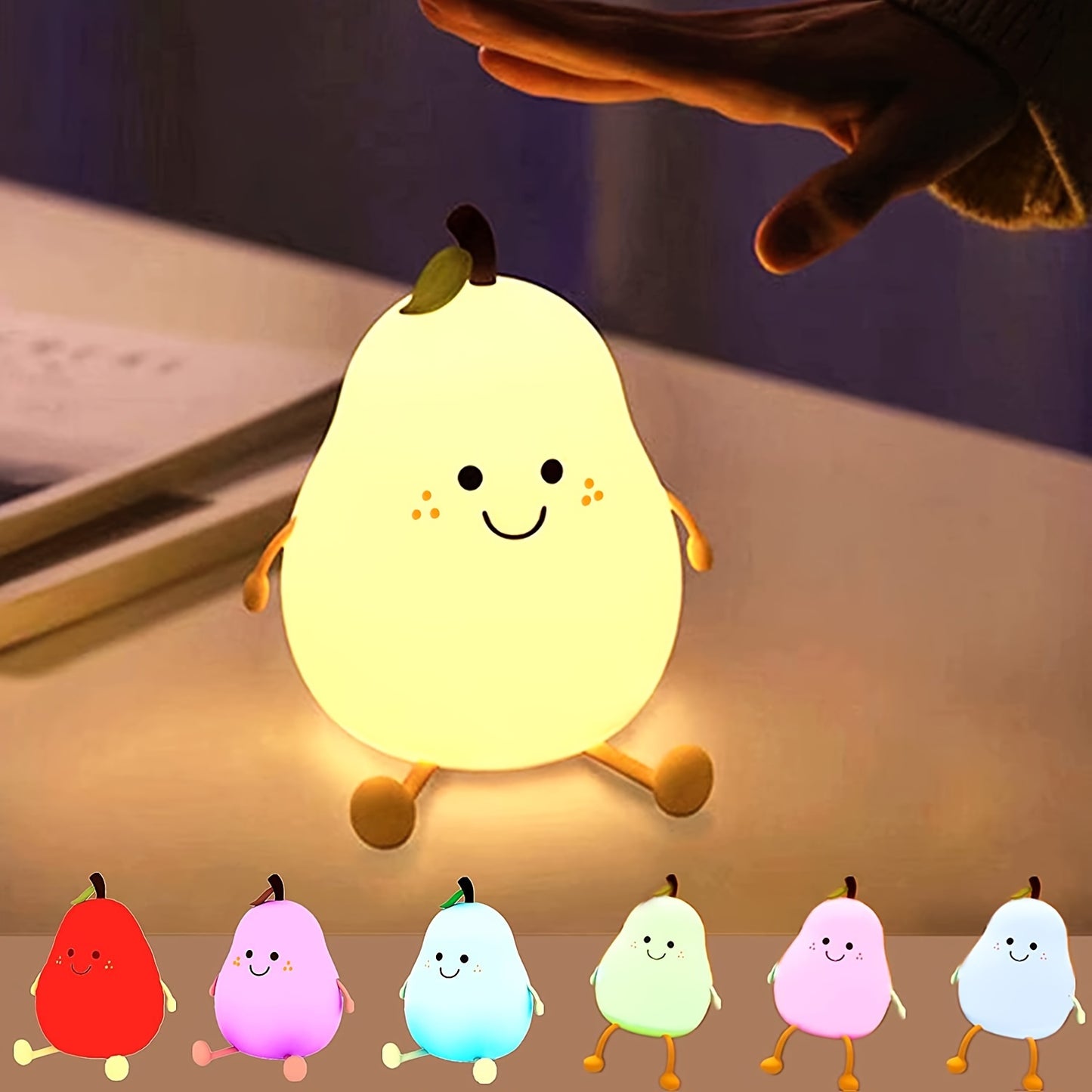 Rechargeable silicone pear lamp with 7 color changing option, timer, and touch control, perfect bedside or bedroom night light for Christmas gift.