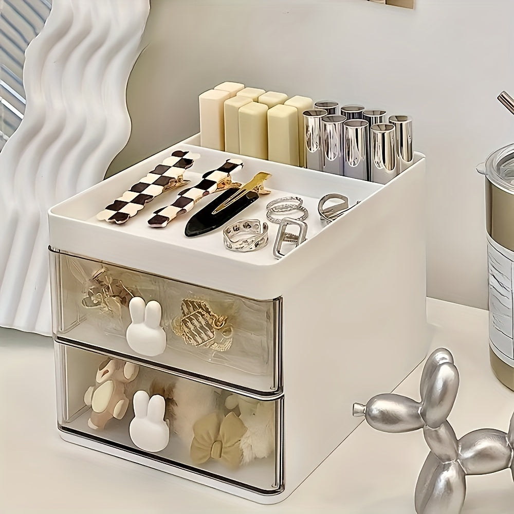 Chic white cosmetic storage box with rabbit handles, 2-drawer desktop organizer for makeup, jewelry, and office supplies. Transparent compartments, lightweight, and easy to assemble. Ideal gift for women.