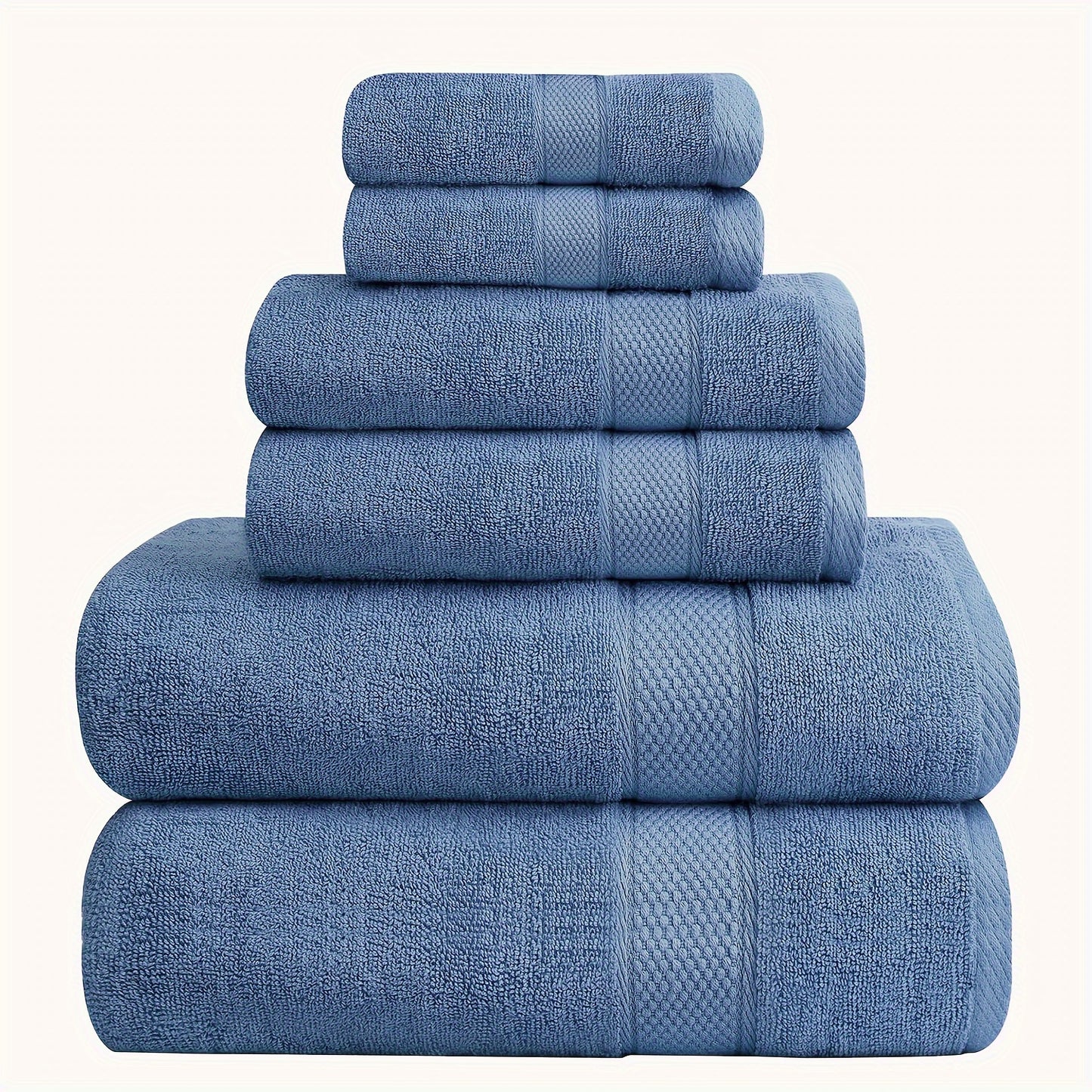 6-piece cotton towel set includes 2 bath towels, 2 hand towels, and 2 washcloths. Quick-drying, soft, and absorbent towels suitable for bathroom, gym, hotel, and spa use.