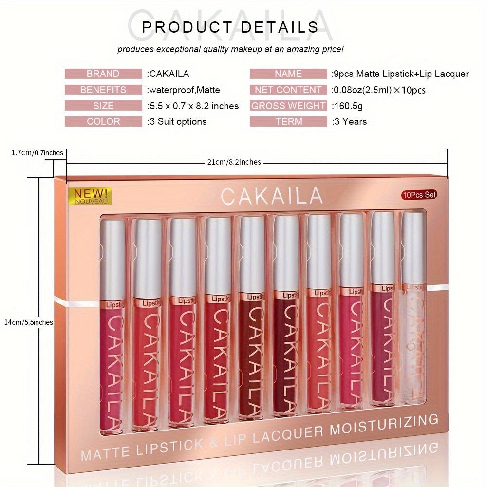 CAKAILA 10pcs Matte Lip Gloss Set in Red Shades, Long-Lasting, Waterproof, Non-Fade, Matte Finish, Suitable for All Skin Types and Adult Use