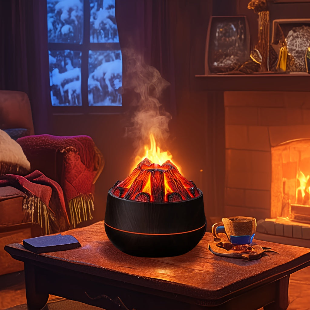 Charcoal fire humidifier with USB power and night light - ideal for home and bedroom ambiance.