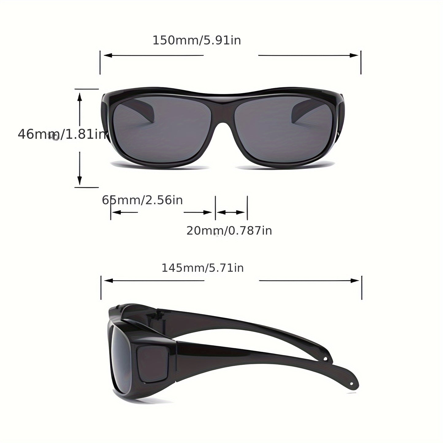 Night Driving Glasses set includes 2pcs for men and women, featuring oversized fashionable black frames for daytime and yellow lenses for nighttime.