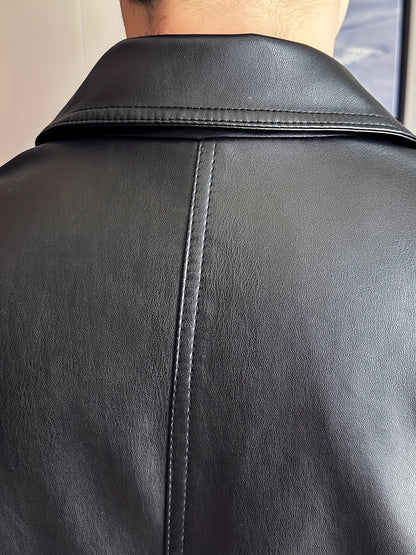 Men's black faux leather jacket with polyester lining, zippered lapel collar, solid color knit fabric, regular sleeve, and lightweight motorcycle style.