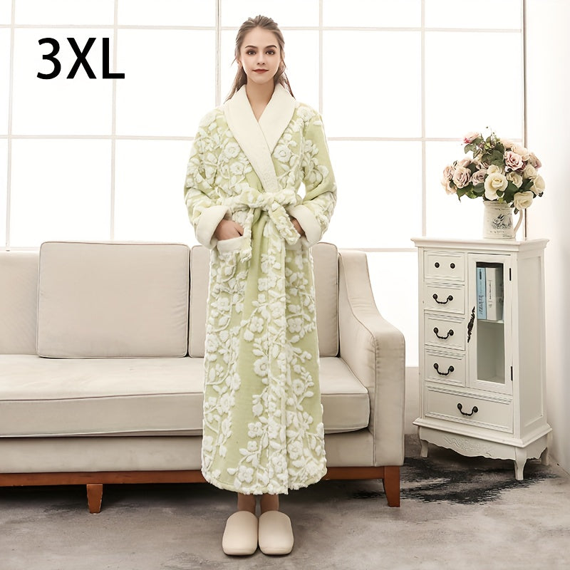 1pc Unisex Thickened Long Bathrobe with Flower Pattern, Ideal for Couples. Ideal for Home and Bathroom use.