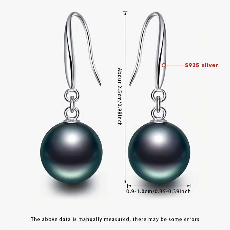 Perfect Gift Idea: Stunning Pair of Pearl Earrings, Stylish Dangling Earrings for Women, Featuring 9-10mm Large Round Tahitian Black Pearls Set in S925 Silver by Meiyu. Includes Gift Box. Please Note: Each Natural Pearl is Unique in Shape and Color, with