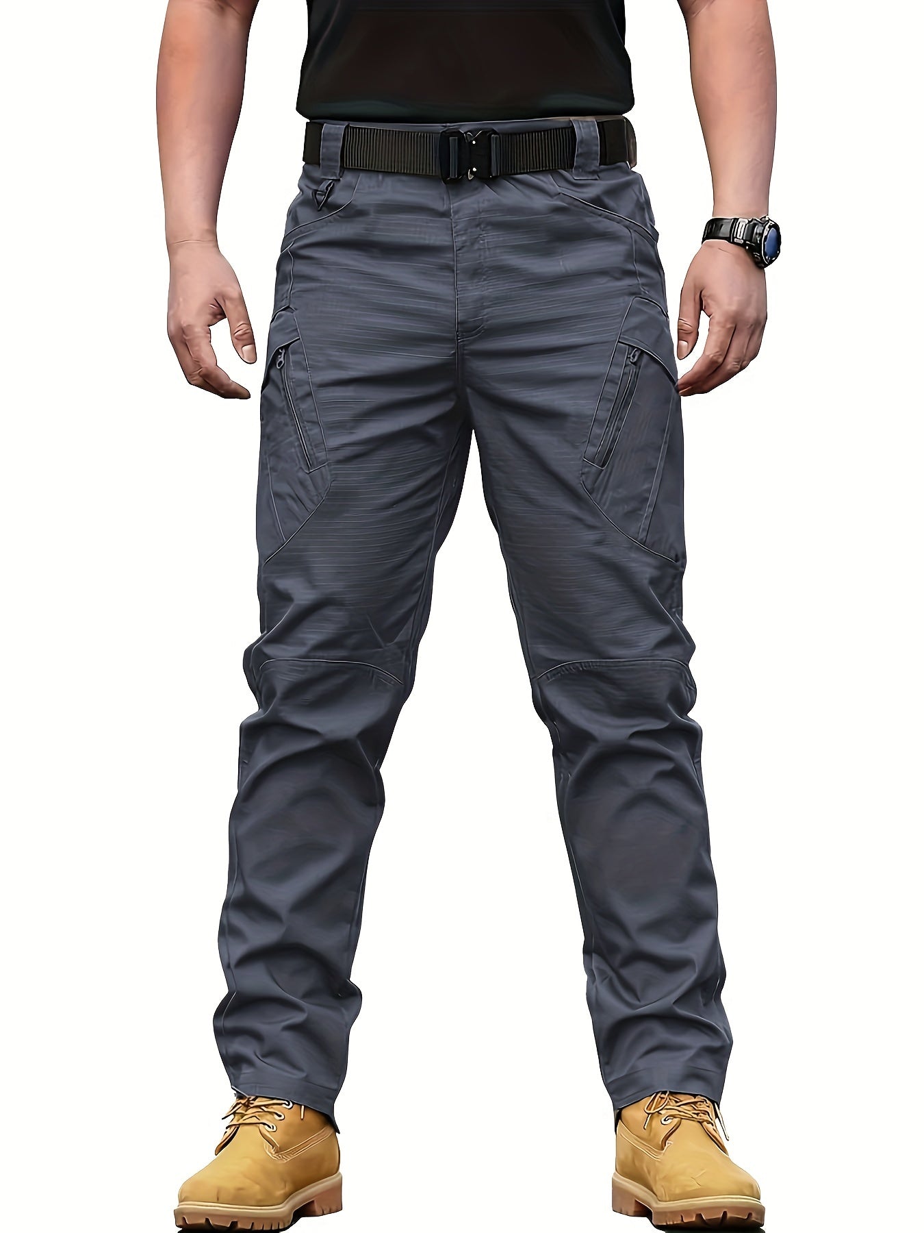 Men's tactical pants with multiple pockets, machine washable polyester, suitable for all seasons.