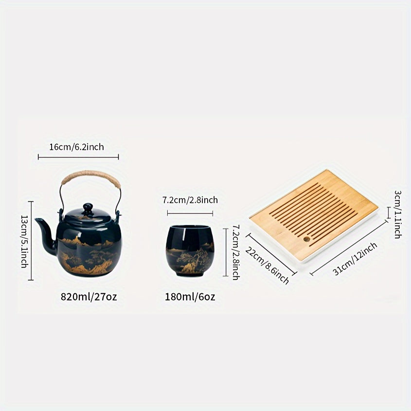 1 Set 7/8pcs Black Exquisite Large Capacity Tea Set in Simple Japanese Style Ceramic for Home or Office Gift, with Handle Teapot and Teacups, 27oz/6oz.