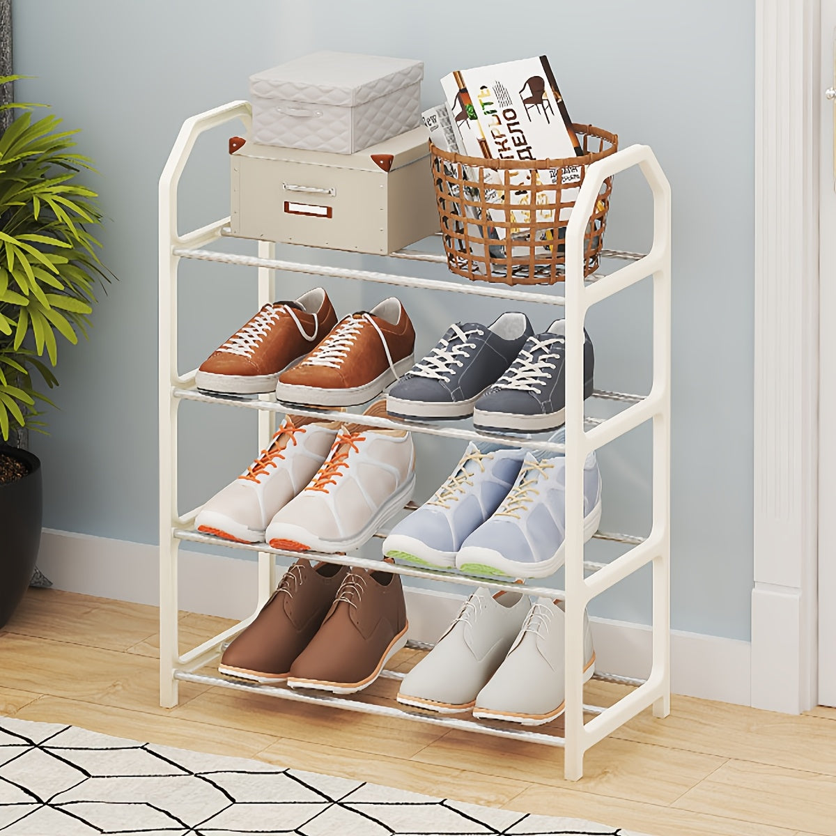 Basic multi-layer shoe shelf for a household or rental housing. This solid door shoe cabinet is versatile and functional for storing shoes.