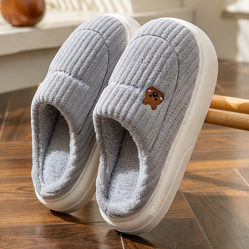 Solid color home slippers with soft EVA sole, comfortable fuzzy closed-toe design, non-slip plush indoor footwear.