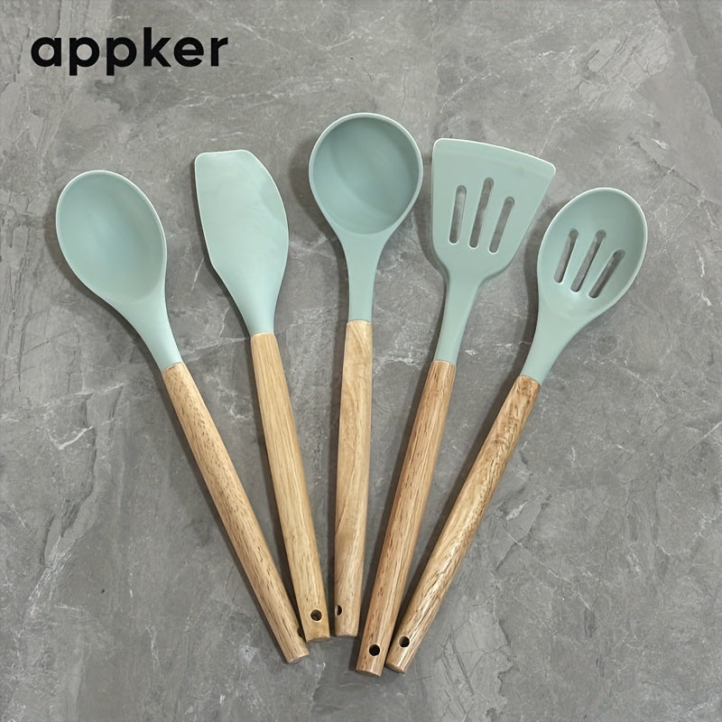 Appker's 5-piece Silicone Kitchen Utensil Set features Non-Stick, Safe Cooking Tools with Wooden Handles. Washable and Modern, this set is Perfect for Home Chefs.